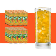 Multiple Supple Drink cans with a glass of iced Supple Drink on an orange background