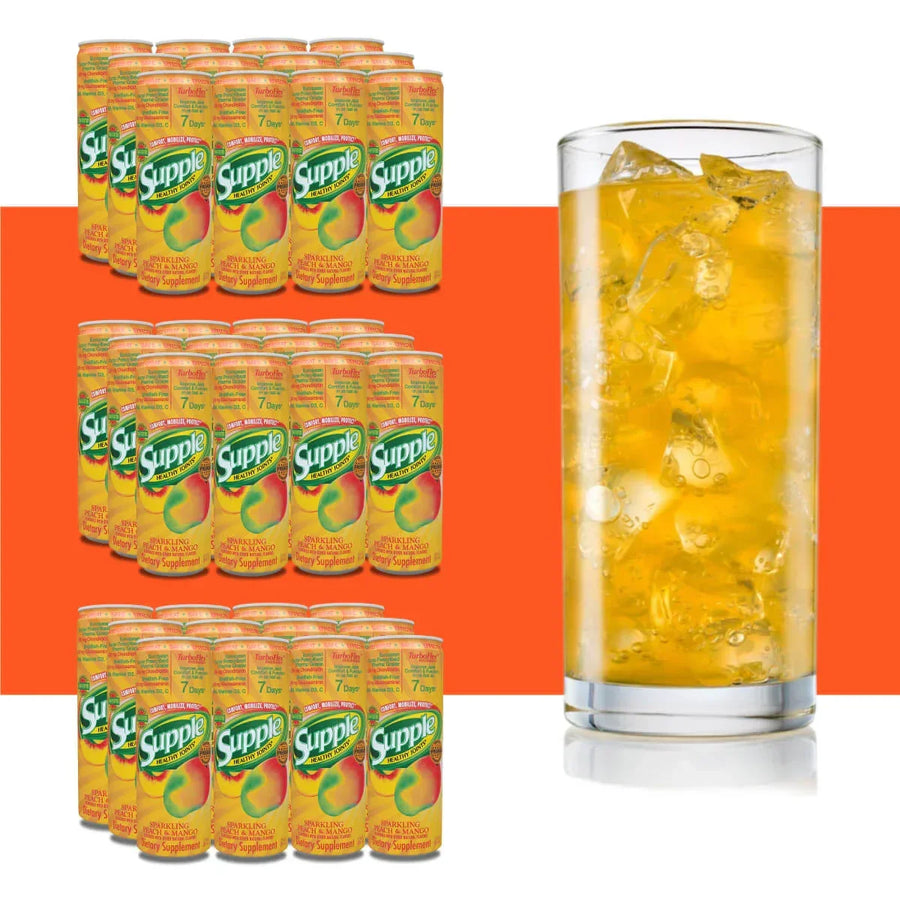 36 cans of Suppe Drink with an iced glass filled with the Supple against an orange background