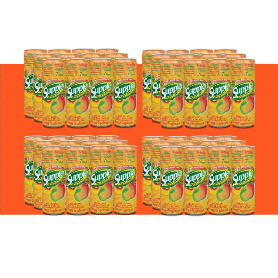 48 cans of Supple Drink on an orange background highlighting the Supple Product