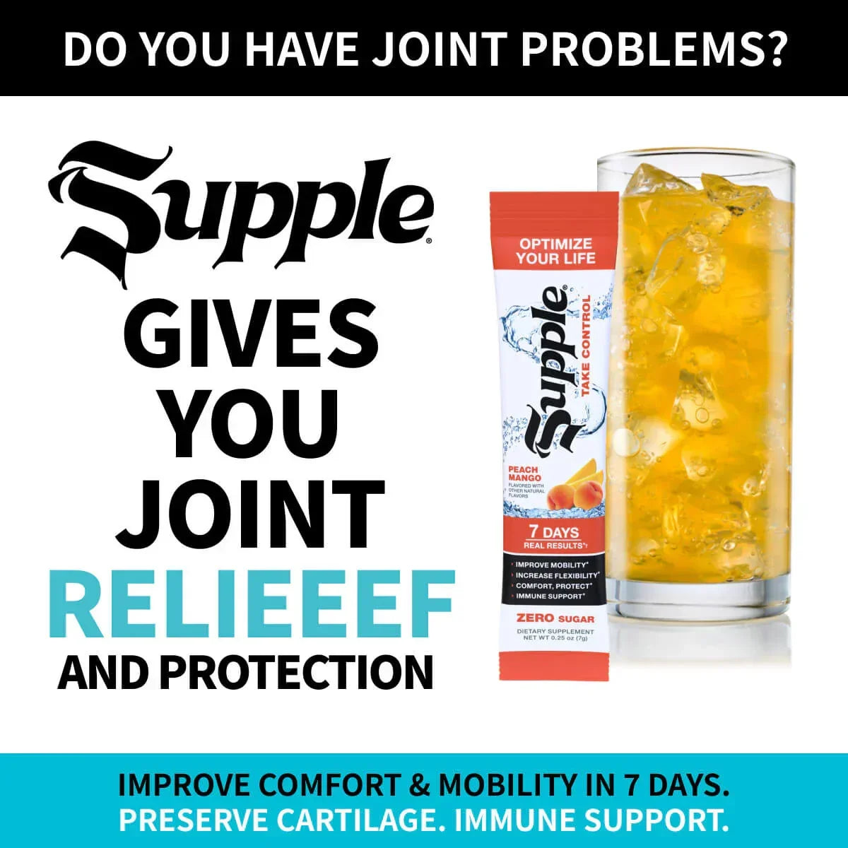 Supple Drink Instant with a glass of iced drink on a white background, promoting joint relief and protection.