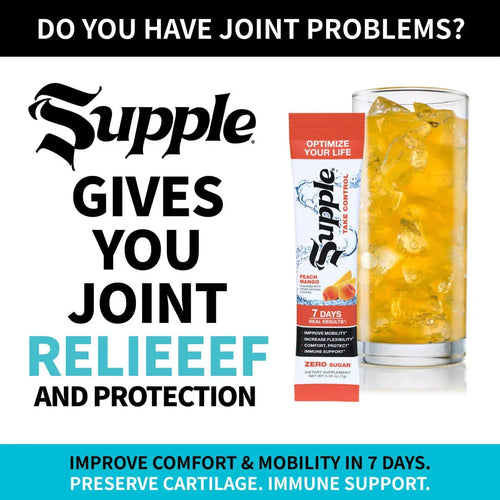 Supple Drink Instant with a glass of iced drink on a white background, promoting joint relief and protection.