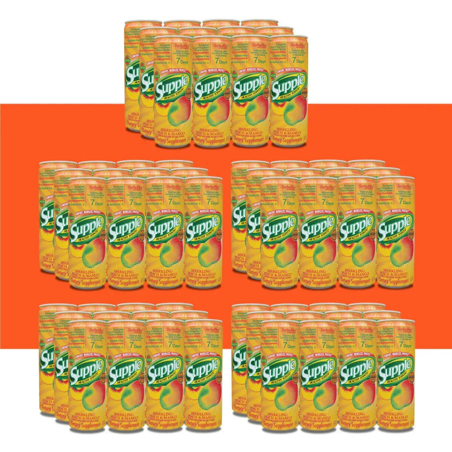 60 cans of Supple Drink product on a white background with an orange border