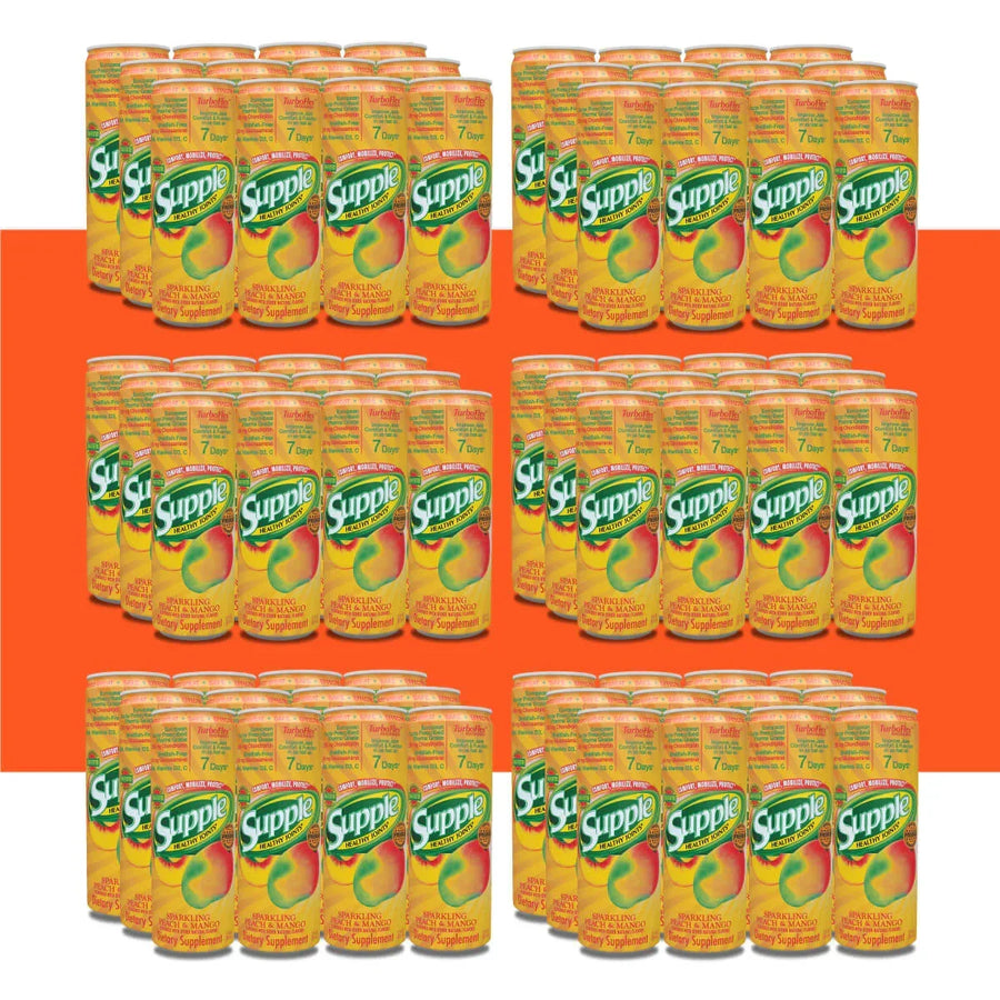 72 cans of Supple Drink on a white background with an orange border