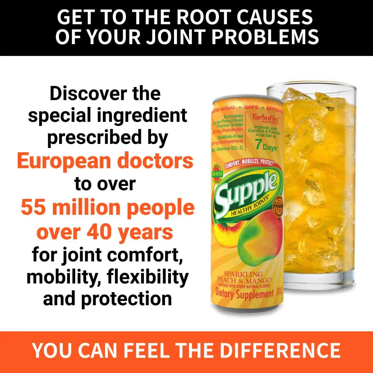 Supple Drink Joint Health Supplement in its can with a glass of Supple on a white background