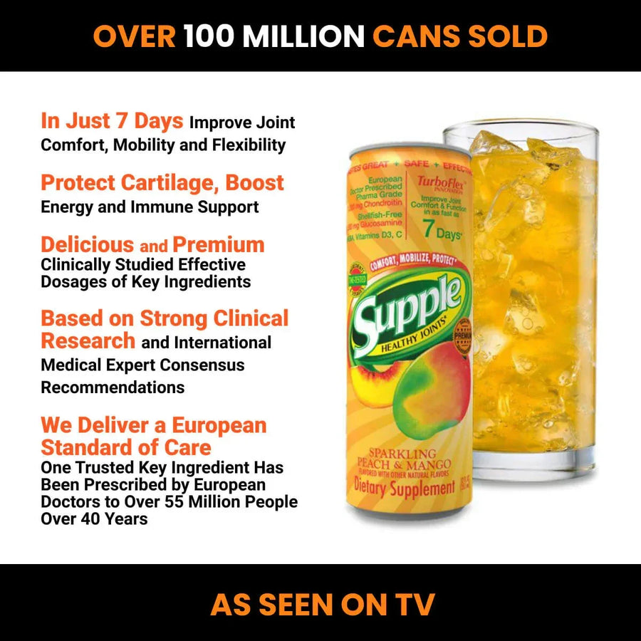 Supple Drink Joint Health Supplement can with glass of Supple next to it, text about product benefits on a white background