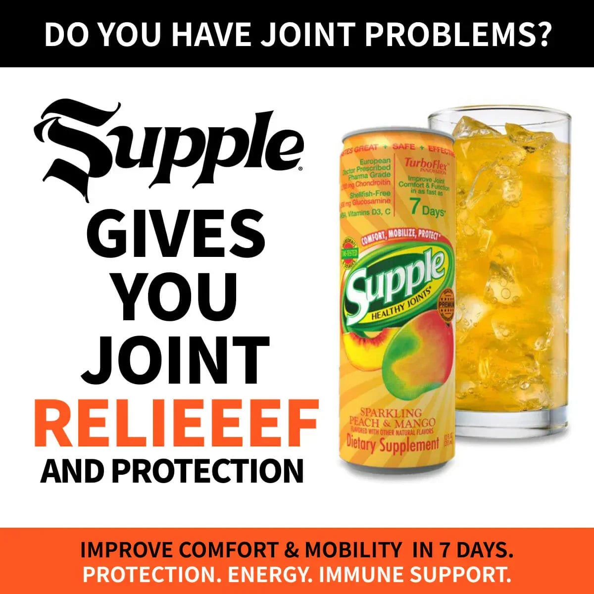 Supple Drink can with a glass of juice on a white background, promoting joint comfort, mobility and protection.