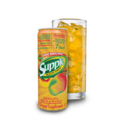 Supple Drink can with a glass of sparkling peach and mango Supple on a white background