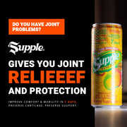 Supple product can with promotional text about joint relieeef and protection on a black background