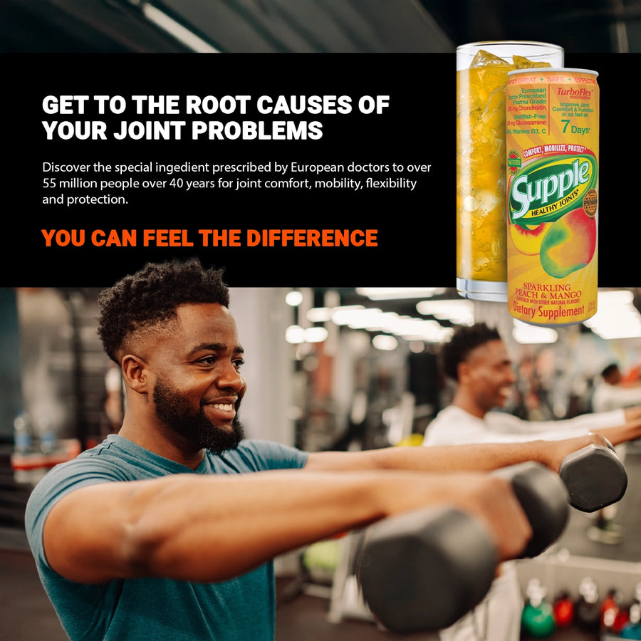Man exercising with dumbbells in a gym, with Supple joint health supplement products displayed.