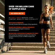 Woman running on stairs with Supple Drink product advertisement text overlay