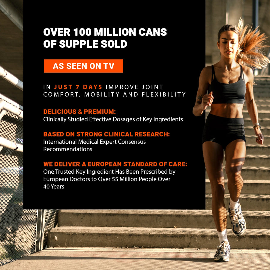 Woman running on stairs with Supple Drink product advertisement text overlay