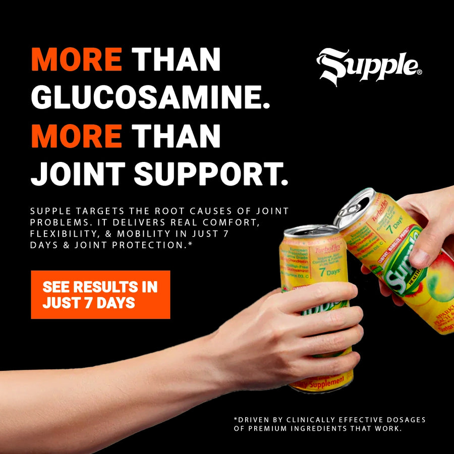 Advertisement for Supple product showing hands holding cans with text about joint support and results.