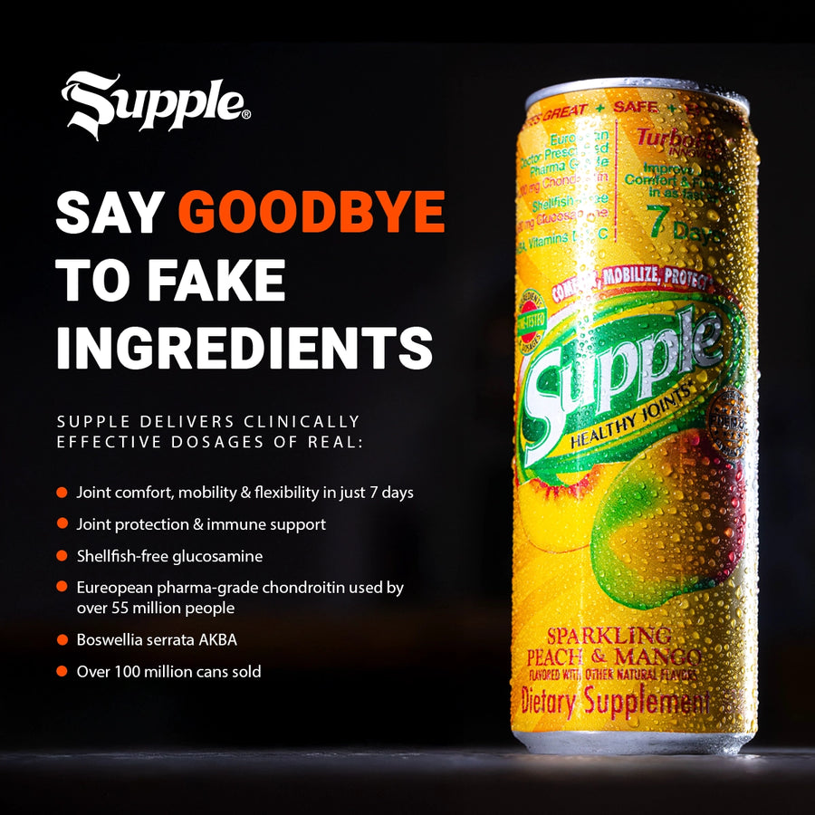 Supple Ready To Drink supplement can with branding and product details on a black background