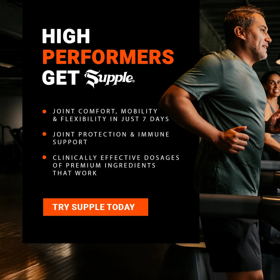 Advertisement for Supple Drink with a man exercising in the background