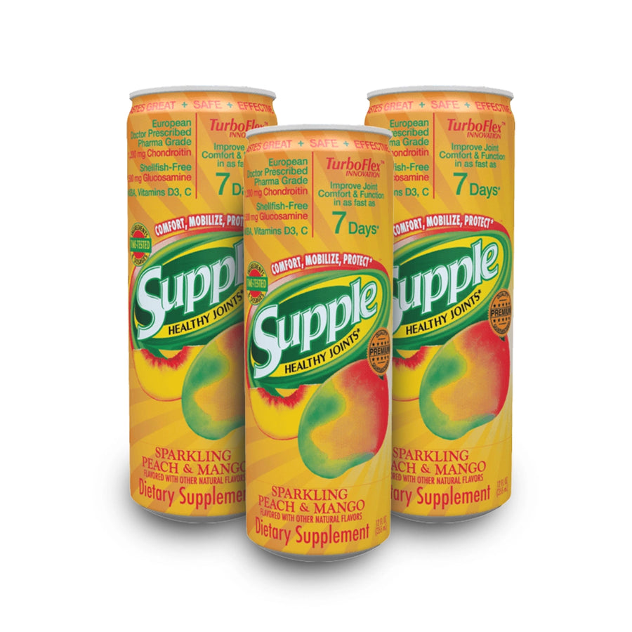 Three cans of Supple Healthy Joints dietary supplement on a white background