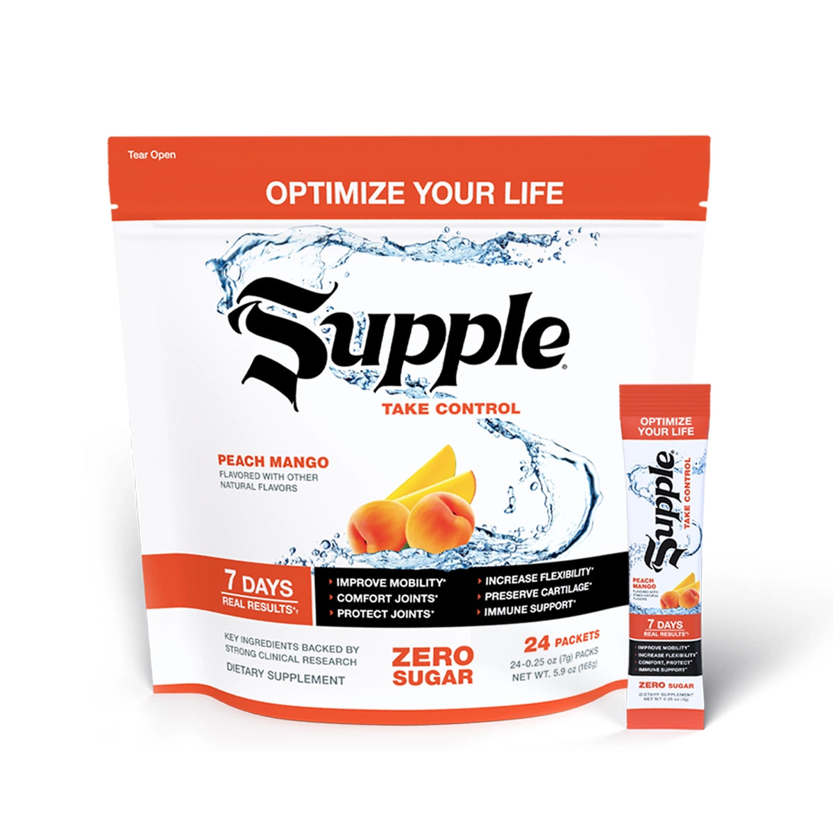 Supple Drink Instant package with peach mango flavor on a white background and showing an individual stick of Supple Drink Instant