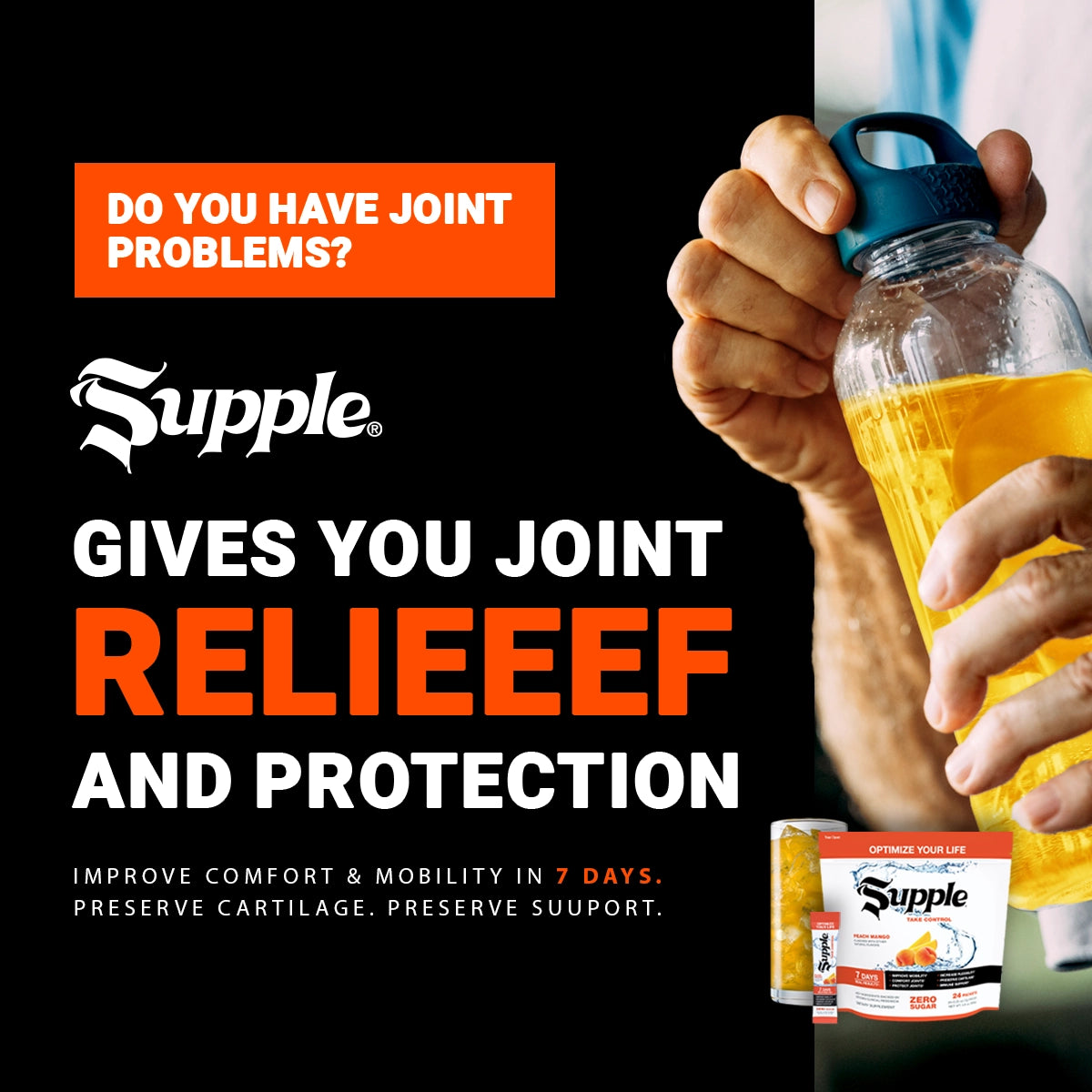 Advertisement for Supple Joint Drink product with a hand holding a bottle of the Supple Drink Instant product mixed with water.