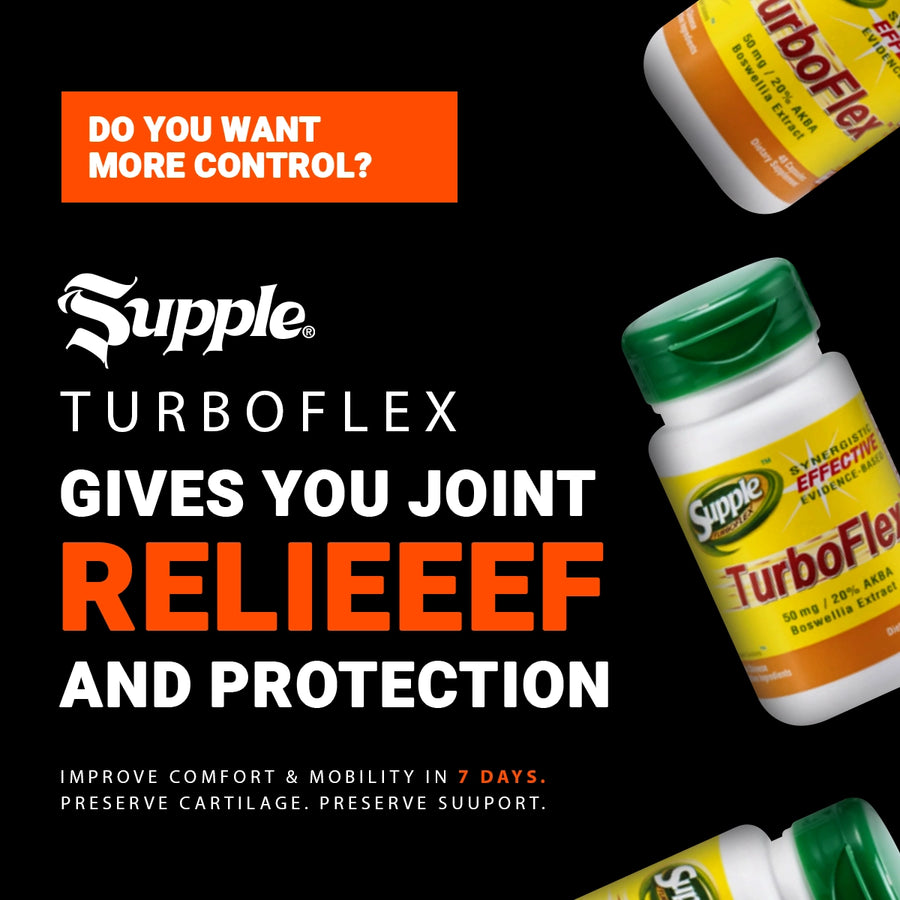 Supple TurboFlex supplement bottles with promotional text on a black background
