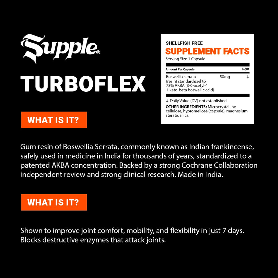 Supple Turboflex supplement facts and description on a black background