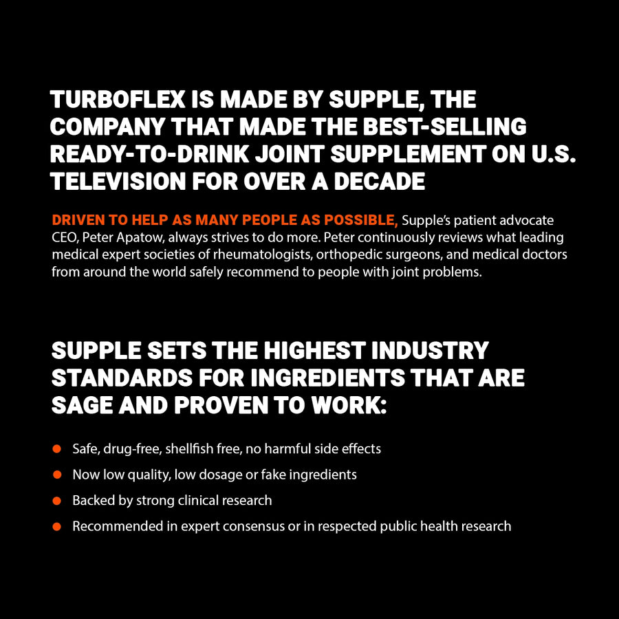 Promotional text about Turboflex, a joint supplement made by Supple, on a black background.