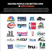Logos of various television networks on a white background with text about a company's passion for helping people live better lives.