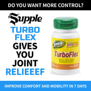 Supple Turbo Flex supplement bottle with promotional text on a white background talking about your ability to improve comfort and Mobility in 7 days