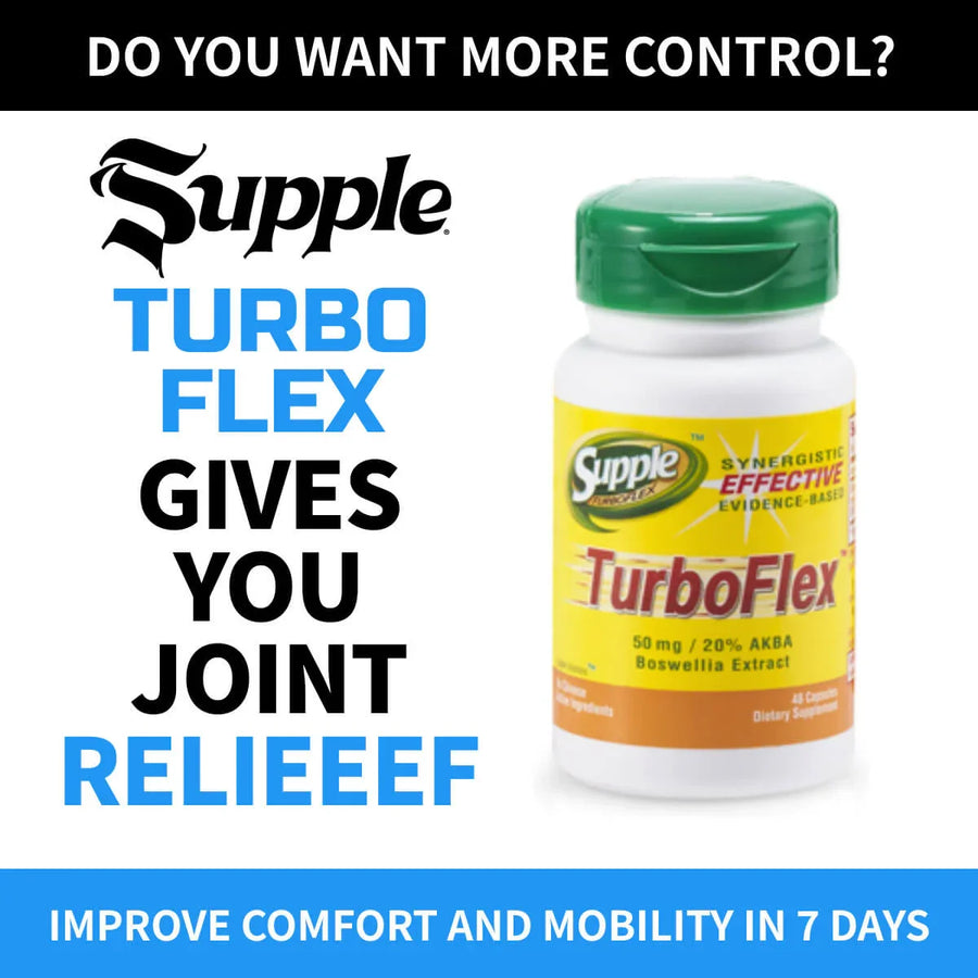 Supple Turbo Flex supplement bottle with promotional text on a white background talking about your ability to improve comfort and Mobility in 7 days